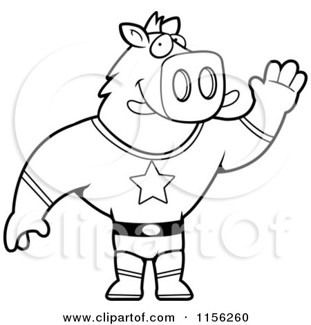 Cartoon Clipart Of A Black And White Boar Super Hero Waving - Vector Outlined Coloring Page by Cory Thoman