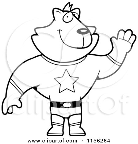 Cartoon Clipart Of A Black And White Super Hero Cat Waving - Vector Outlined Coloring Page by Cory Thoman