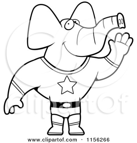 Cartoon Clipart Of A Black And White Super Hero Elephant Waving - Vector Outlined Coloring Page by Cory Thoman