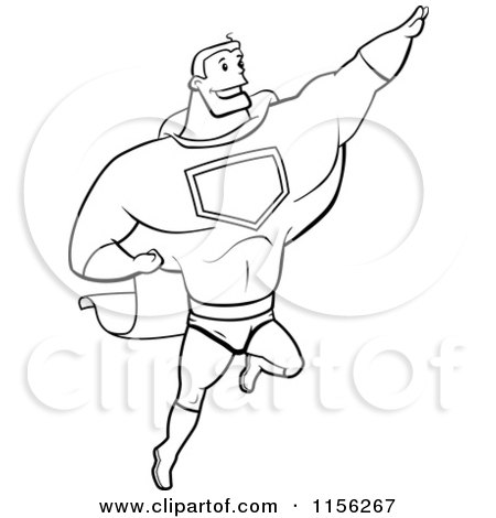 Cartoon Clipart Of A Black And White Strong Super Hero Guy Flying - Vector Outlined Coloring Page by Cory Thoman