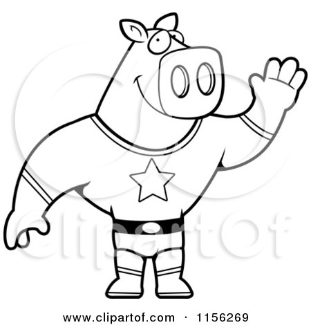 Cartoon Clipart Of A Black And White Super Hero Pig Waving - Vector Outlined Coloring Page by Cory Thoman