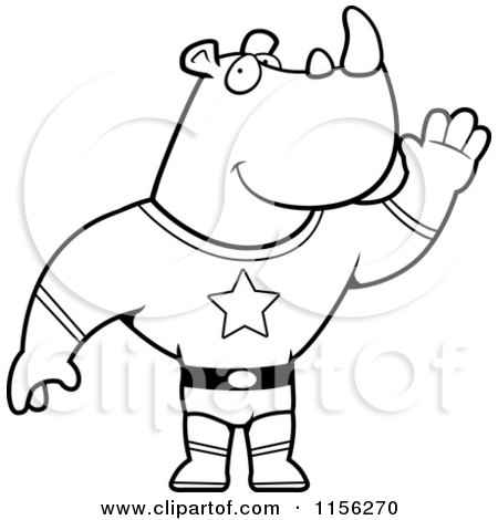Cartoon Clipart Of A Black And White Super Rhino Waving - Vector Outlined Coloring Page by Cory Thoman