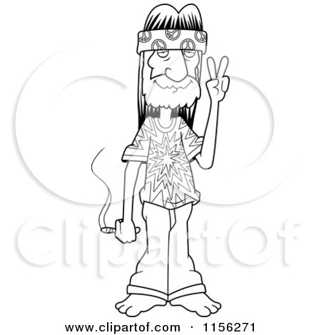 Cartoon Clipart Of A Black And White Hippie Guy Holding a Joint and Gesturing Peace - Vector Outlined Coloring Page by Cory Thoman