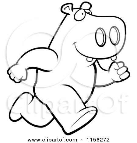 Cartoon Clipart Of A Black And White Hippo Running Upright - Vector Outlined Coloring Page by Cory Thoman