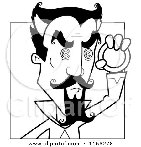 Cartoon Clipart Of A Black And White Evil Hypnotist Holding a Medalian - Vector Outlined Coloring Page by Cory Thoman