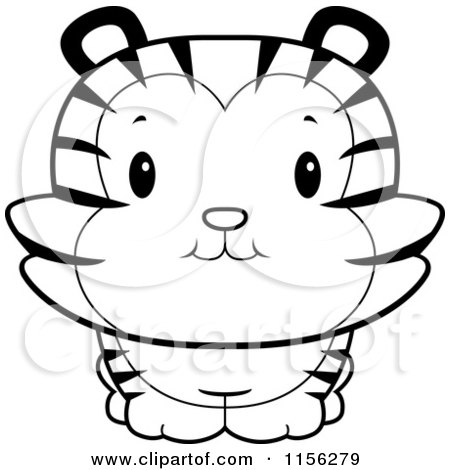 Cartoon Clipart Of A Black And White Cute Tiger Cub Smiling Upwards - Vector Outlined Coloring Page by Cory Thoman