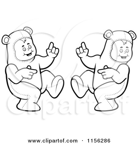 Cartoon Clipart Of Black And White Kids Dancing In Bear Costumes - Vector Outlined Coloring Page by Cory Thoman