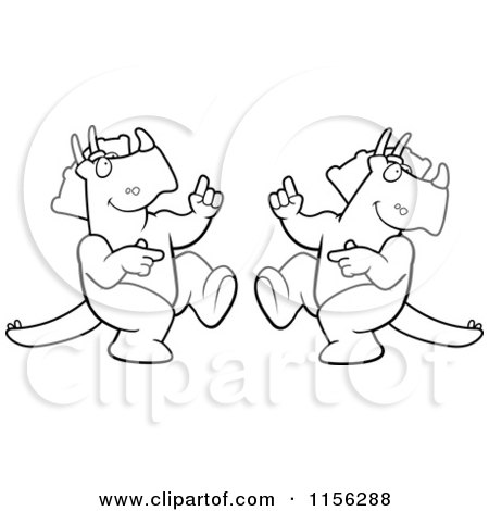 Cartoon Clipart Of A Black And White Dancing Triceratops Couple - Vector Outlined Coloring Page by Cory Thoman