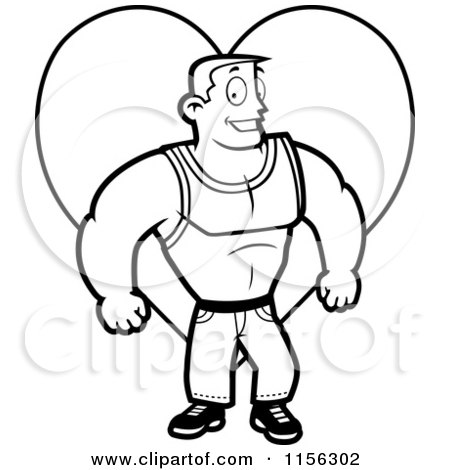 Cartoon Clipart Of A Black And White Strong Man Flexing in Front of a Pink Heart - Vector Outlined Coloring Page by Cory Thoman