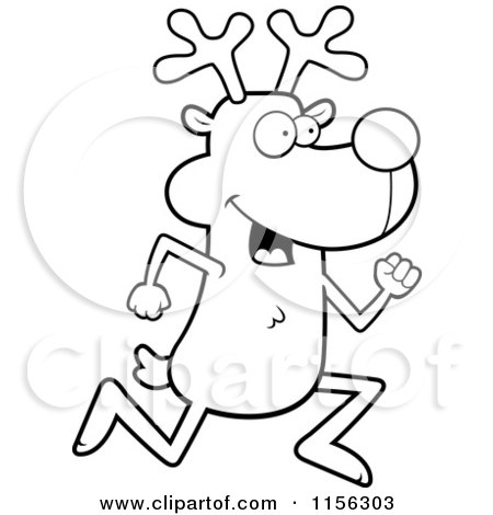 Cartoon Clipart Of A Black And White Rudolph the Reindeer Running - Vector Outlined Coloring Page by Cory Thoman