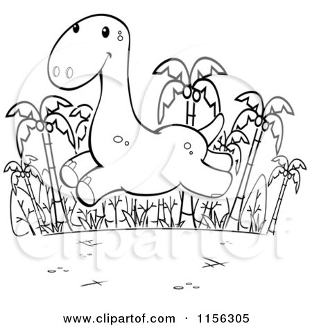 Cartoon Clipart Of A Black And White Dinosaur Running - Vector Outlined Coloring Page by Cory Thoman