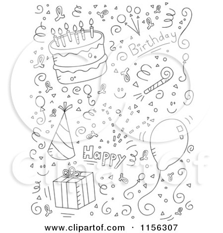 Cartoon Clipart Of A Black And White Birthday Collage of Doodles - Vector Outlined Coloring Page by Cory Thoman