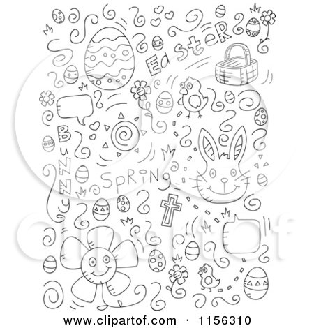Cartoon Clipart Of A Black And White Holiday Doodle Background of Easter Items on White - Vector Outlined Coloring Page by Cory Thoman