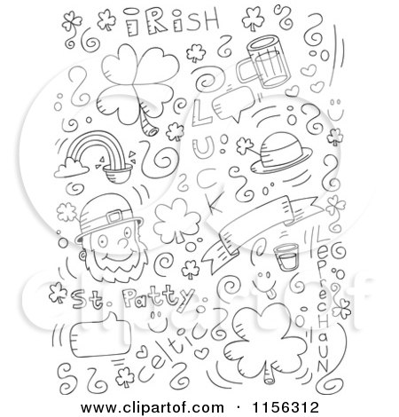 Cartoon Clipart Of A Black And White Holiday Doodle Background of St Patrick's Day Items on White - Vector Outlined Coloring Page by Cory Thoman