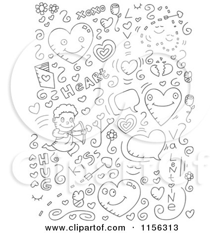 Cartoon Clipart Of A Black And White Collage of Love Doodles - Vector Outlined Coloring Page by Cory Thoman