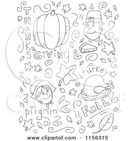Cartoon Clipart Of A Black And White Holiday Doodle Background of Thanksgiving Items on White - Vector Outlined Coloring Page by Cory Thoman