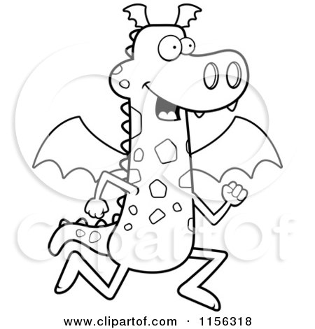 Cartoon Clipart Of A Black And White Spotted Dragon Running - Vector Outlined Coloring Page by Cory Thoman
