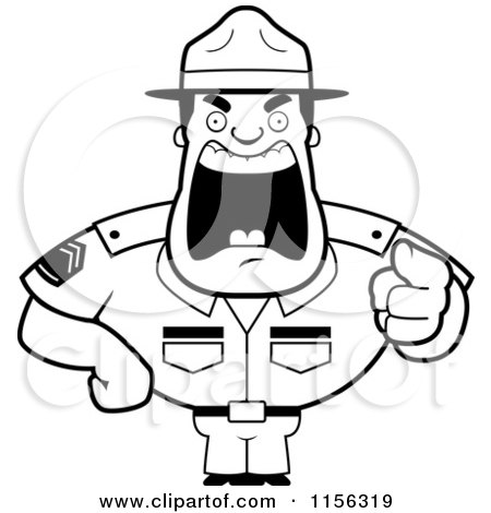 Cartoon Clipart Of A Black And White Screaming Tough Drill Sergeant - Vector Outlined Coloring Page by Cory Thoman