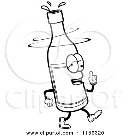 Cartoon Clipart Of A Black And White Drunk Wine Bottle - Vector Outlined Coloring Page by Cory Thoman