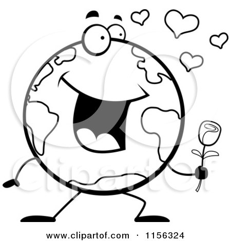 Cartoon Clipart Of A Black And White Romantic Globe Holding a Single Rose - Vector Outlined Coloring Page by Cory Thoman