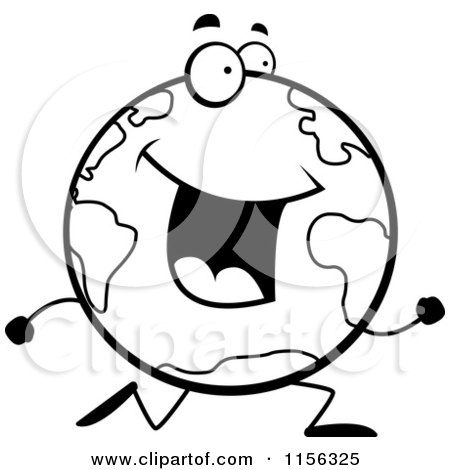 Cartoon Clipart Of A Black And White Happy Globe Character Running - Vector Outlined Coloring Page by Cory Thoman