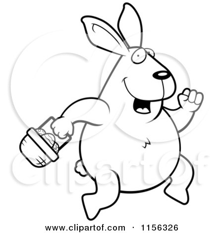 Cartoon Clipart Of A Black And White Hopping Easter Bunny with a Basket - Vector Outlined Coloring Page by Cory Thoman