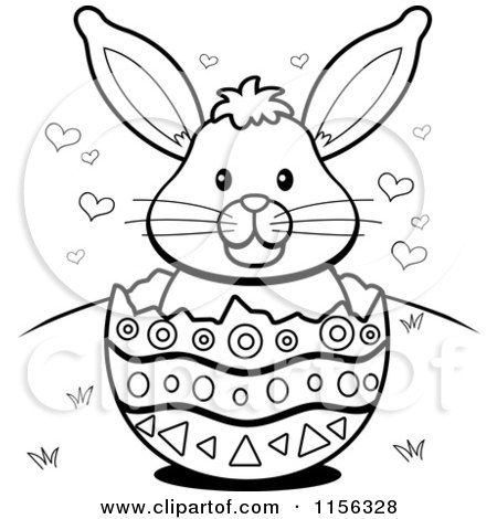 Cartoon Clipart Of A Black And White Easter Bunny with Hearts in an Egg Shell - Vector Outlined Coloring Page by Cory Thoman