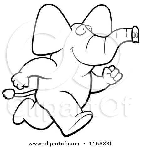 Cartoon Clipart Of A Black And White Running Elephant - Vector Outlined Coloring Page by Cory Thoman