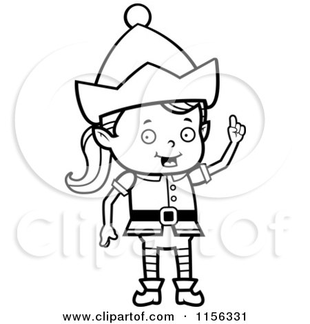 Cartoon Clipart Of A Black And White Elf Girl - Vector Outlined Coloring Page by Cory Thoman