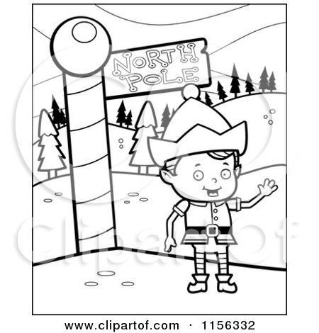 Cartoon Clipart Of A Black And White Christmas Elf Boy Waving by the North Pole - Vector Outlined Coloring Page by Cory Thoman