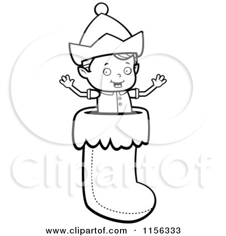 Cartoon Clipart Of A Black And White Tiny Elf Popping out of a Christmas Stocking - Vector Outlined Coloring Page by Cory Thoman