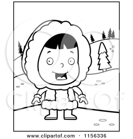 Cartoon Clipart Of A Black And White Happy Eskimo Girl in the Snow - Vector Outlined Coloring Page by Cory Thoman