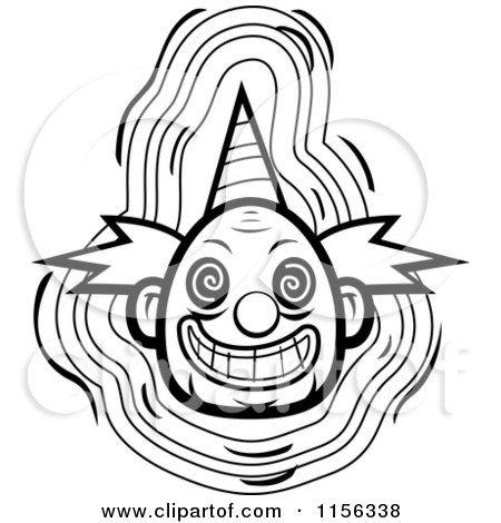 Cartoon Clipart Of A Black And White Evil Clown Face with a Party Hat - Vector Outlined Coloring Page by Cory Thoman