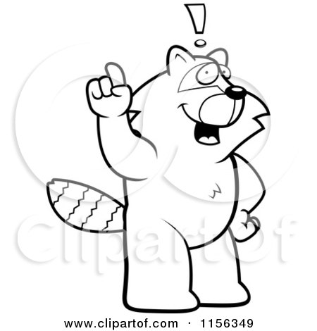 Cartoon Clipart Of A Black And White Big Raccoon Standing on His Hind Legs, Holding His Finger up with an Idea - Vector Outlined Coloring Page by Cory Thoman
