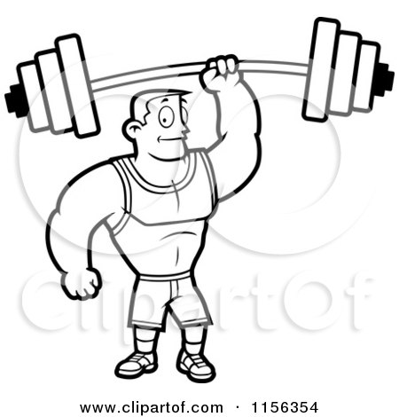 Cartoon Clipart Of A Black And White Fitness Man Holding up a Barbell