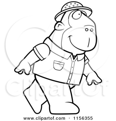 Cartoon Clipart Of A Black And White Ape Explorer Walking on His Hind Legs - Vector Outlined Coloring Page by Cory Thoman
