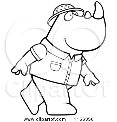 Cartoon Clipart Of A Black And White Safari Rhino Walking on His Hind Legs - Vector Outlined Coloring Page by Cory Thoman