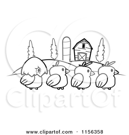 Cartoon Clipart Of A Black And White Row of Four Farm Chicks - Vector Outlined Coloring Page by Cory Thoman