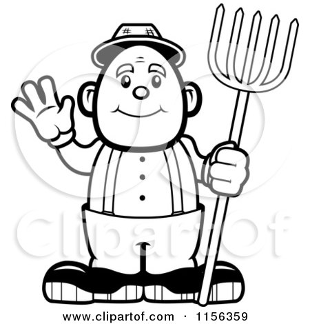 Cartoon Clipart Of A Black And White Farmer Waving - Vector Outlined Coloring Page by Cory Thoman