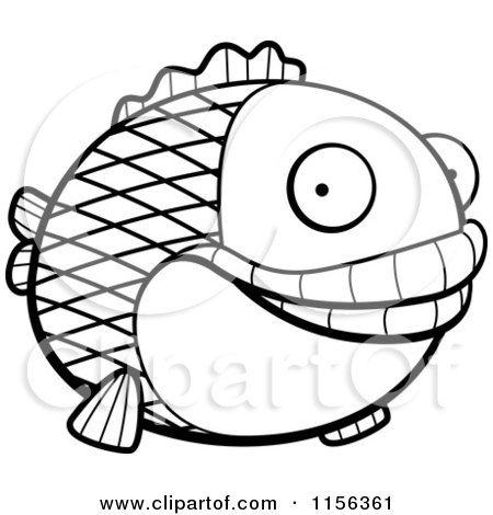 Cartoon Clipart Of A Black And White Happy Fat Fish - Vector Outlined Coloring Page by Cory Thoman