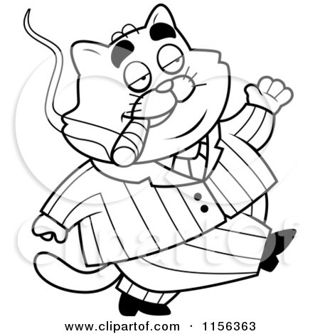 Cartoon Clipart Of A Black And White Fat Mobster Cat Walking - Vector Outlined Coloring Page by Cory Thoman