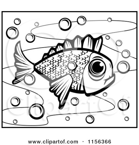 Cartoon Clipart Of A Black And White Fish in Bubbly Water - Vector Outlined Coloring Page by Cory Thoman