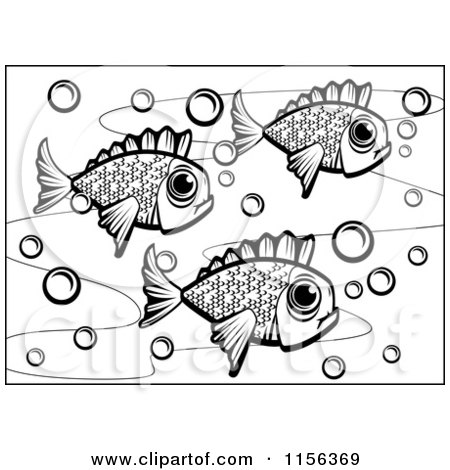 Cartoon Clipart Of A Black And White School Of FIsh - Vector Outlined Coloring Page by Cory Thoman