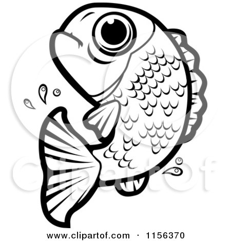 Cartoon Clipart Of A Black And White Leaping Fish - Vector Outlined Coloring Page by Cory Thoman
