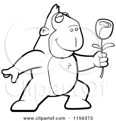 Cartoon Clipart Of A Black And White Romantic Ape Presenting a Single Rose - Vector Outlined Coloring Page by Cory Thoman