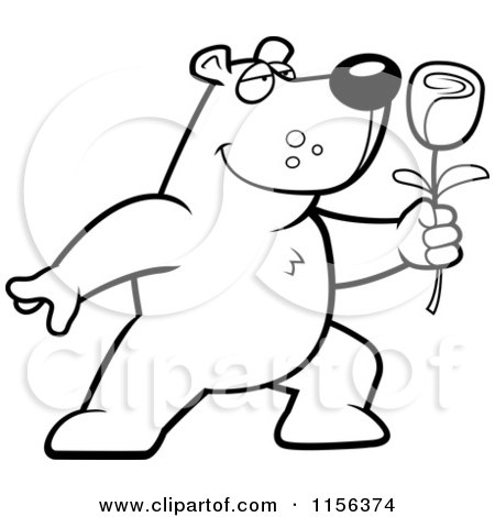 Cartoon Clipart Of A Black And White Romantic Bear Presenting a Single Rose - Vector Outlined Coloring Page by Cory Thoman