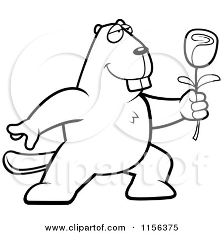 Cartoon Clipart Of A Black And White Romantic Beaver Presenting a Rose - Vector Outlined Coloring Page by Cory Thoman