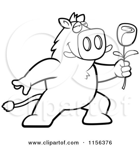 Cartoon Clipart Of A Black And White Romantic Boar Presenting a Single Rose - Vector Outlined Coloring Page by Cory Thoman