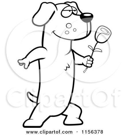 Cartoon Clipart Of A Black And White Romantic Dachshund Presenting a Single Rose - Vector Outlined Coloring Page by Cory Thoman