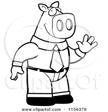 Cartoon Clipart Of A Black And White Romantic Triceratops Presenting a Single Rose - Vector Outlined Coloring PageBlack And White Business Pig Standing and Waving by Cory Thoman